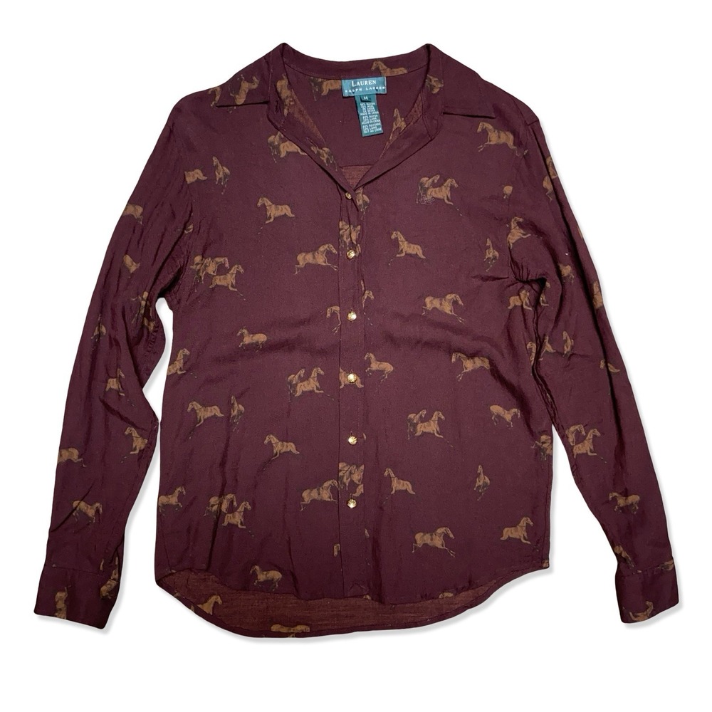 Lauren Ralph Lauren Horse Print Shirt Women's M Burgundy Rayon Wool Equestrian